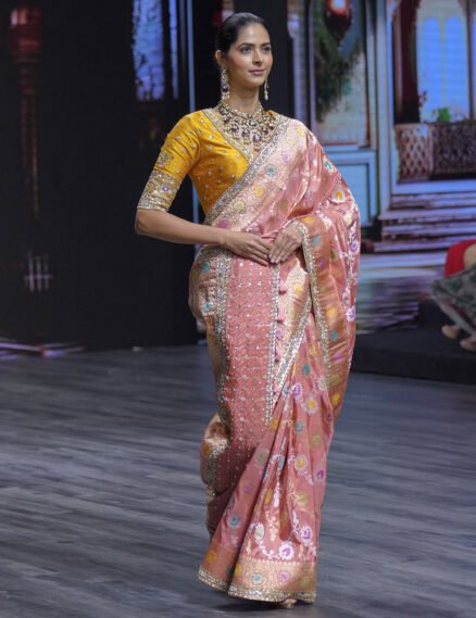 Candle Light Peach Kadhwa Banaras Katan Saree