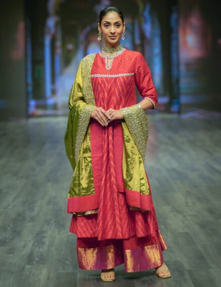 Red Pochampally Ikkat Rawsilk Anarkali