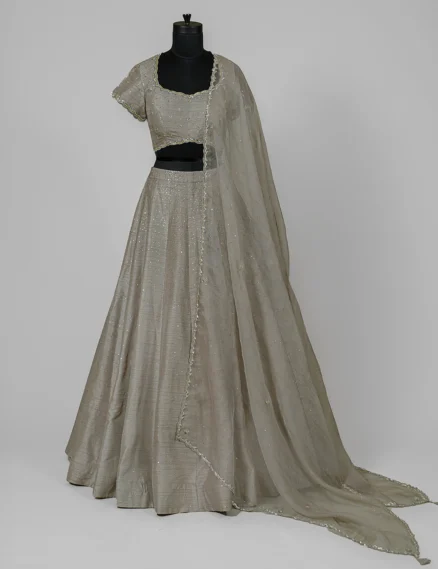 Grey Falling Rawsilk Lehenga With Organza Duppata