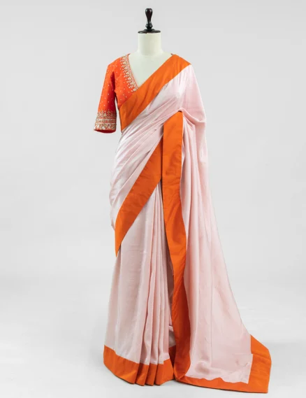 Light Pink with Orange Border Raw Silk Saree