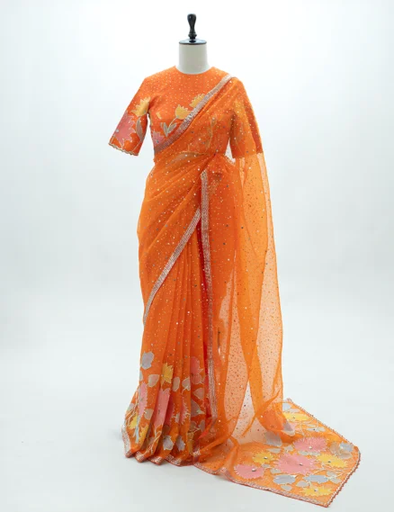 Orange Silk Organza Saree