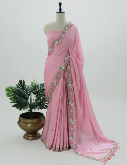 Baby Pink Satin Crepe Saree