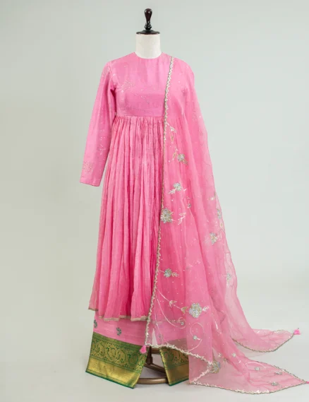 Muga Silk Mukaish Set with Kota & Organza Dupatta