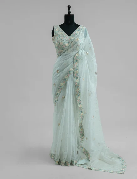 Mint Organza Mukaish work Saree