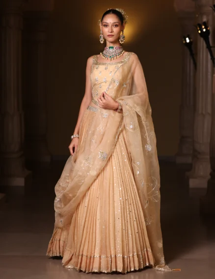 Gold Pleated Silk Organza Lehanga